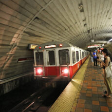 MBTA red line subway train arriving at platform